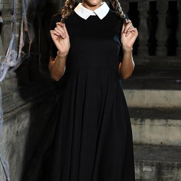NEW Womens Wednesday Addams Family Halloween Cosplay Costume Black Velvet Dress - Picture 3 of 8